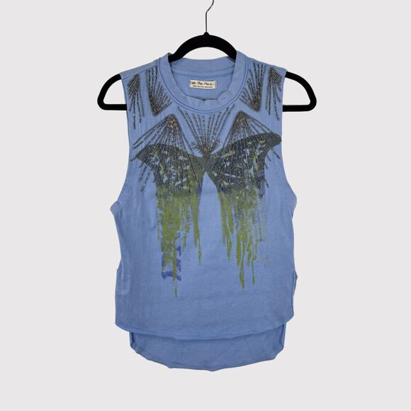 NWT We The Free People Womens Top Blue Butterfly Graphic Beaded Tank Y2K Small - Picture 1 of 11